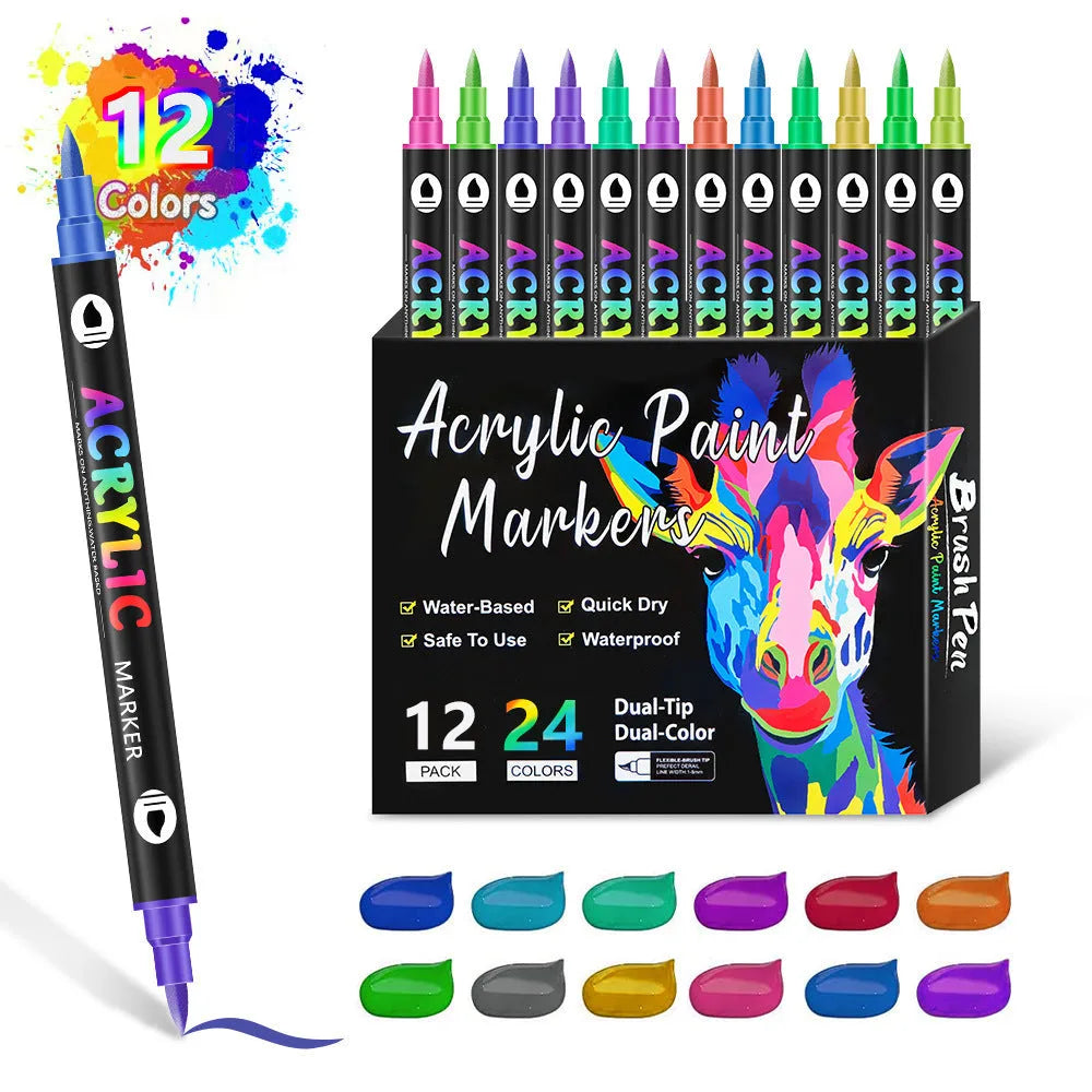 Double-headed acrylic marker pens showing fine tip and broad chisel tip with opaque quick-drying washable ink
