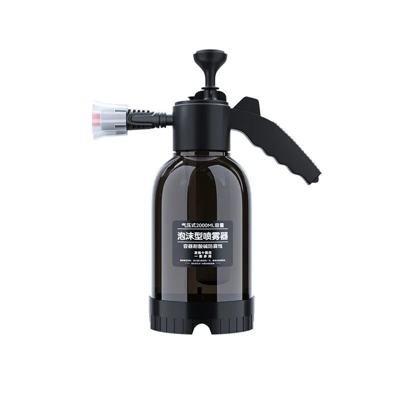 Black hand-held 2 litre spray bottle with two nozzles for garden watering and car washing