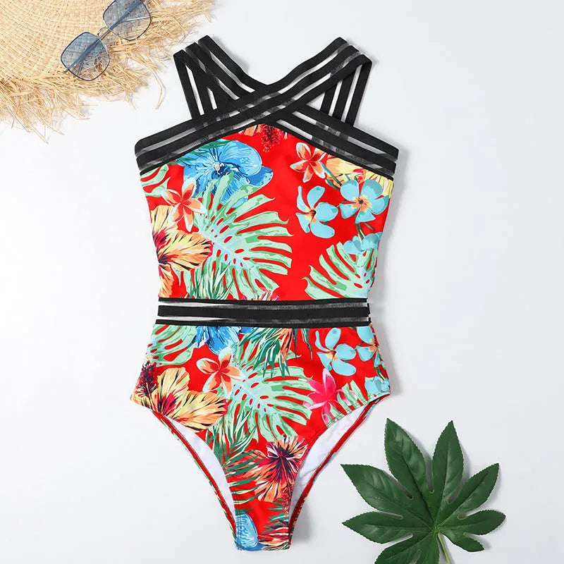 One-piece printed bikini for women in coloured floral pattern on polyester fabric