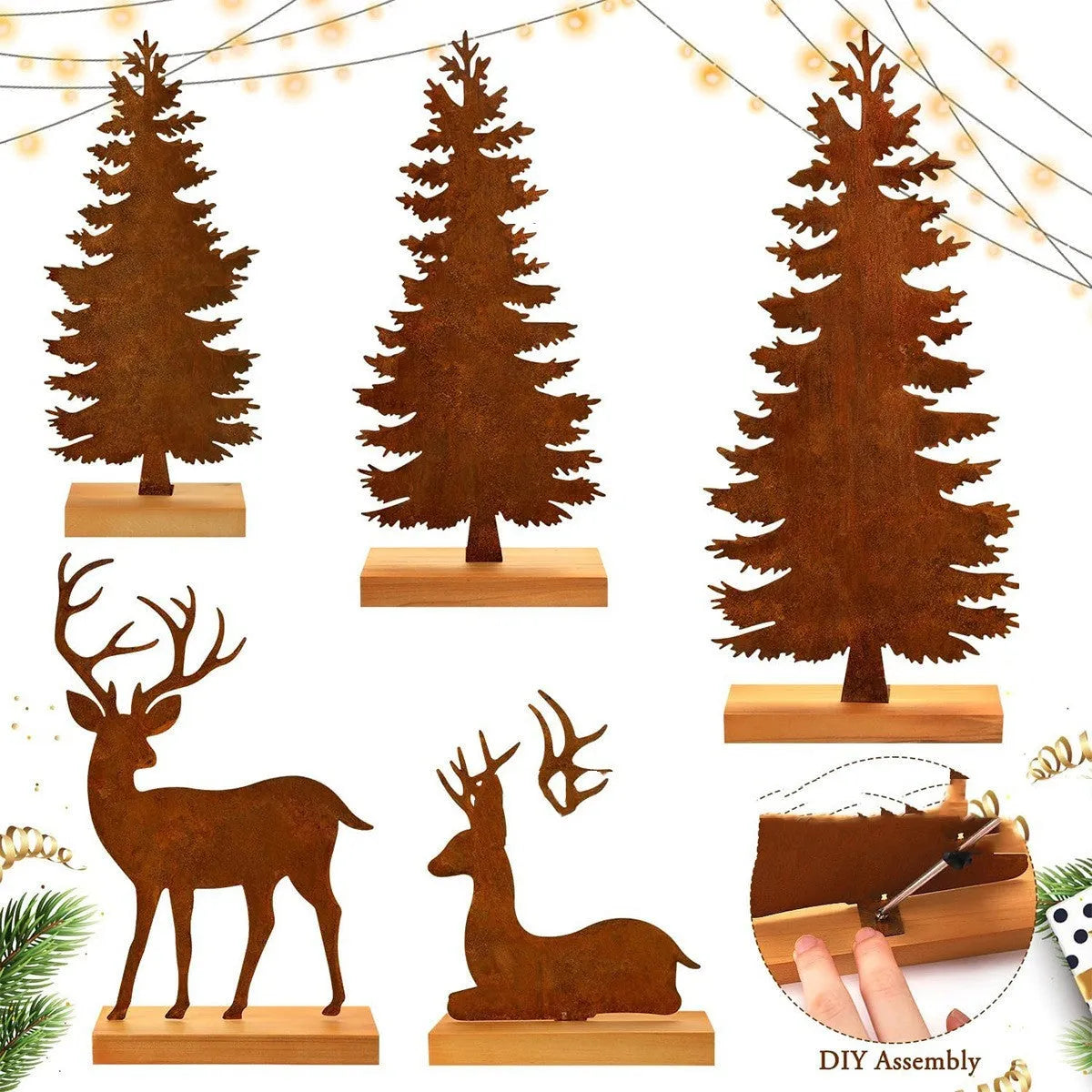 Three metal Christmas tree ornaments with elk silhouettes and rustic rust-effect finish