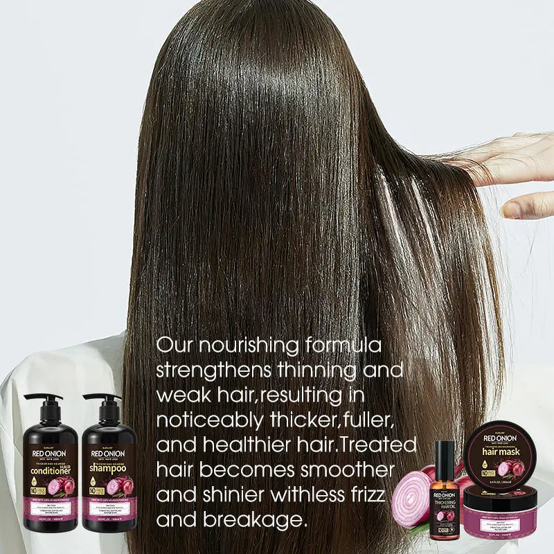 Red onion shampoo and conditioner set showing four bottles: shampoo, conditioner, hair mask, and essential oil.