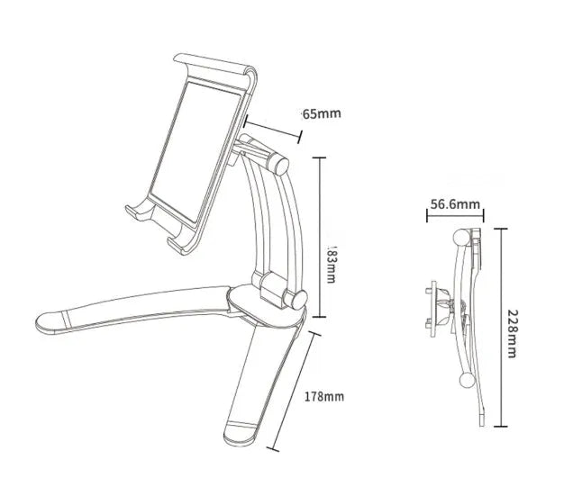 Silver aluminium alloy tablet stand holding a tablet, showing its 360-degree adjustable hinge and chuck system.