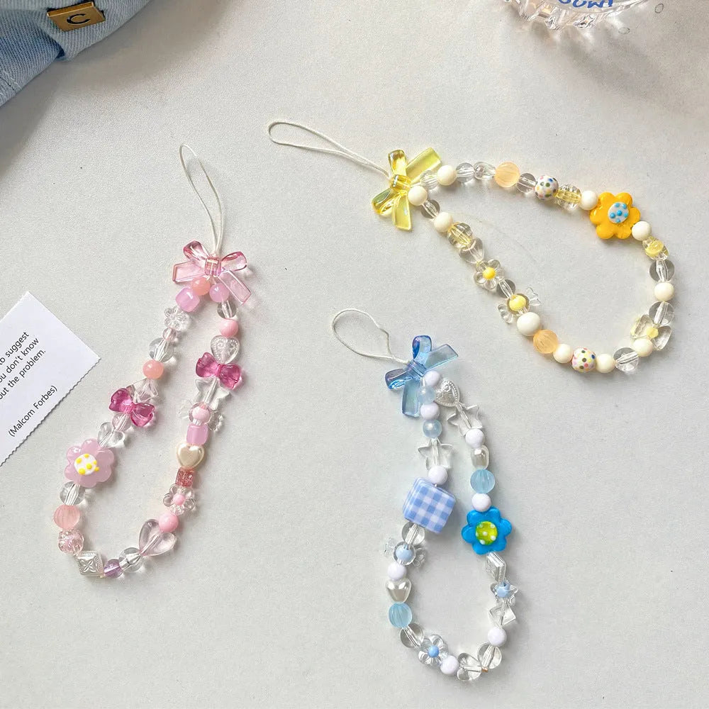 Floral bead mobile phone lanyard with plastic resin decoration in yellow blue pink colour options
