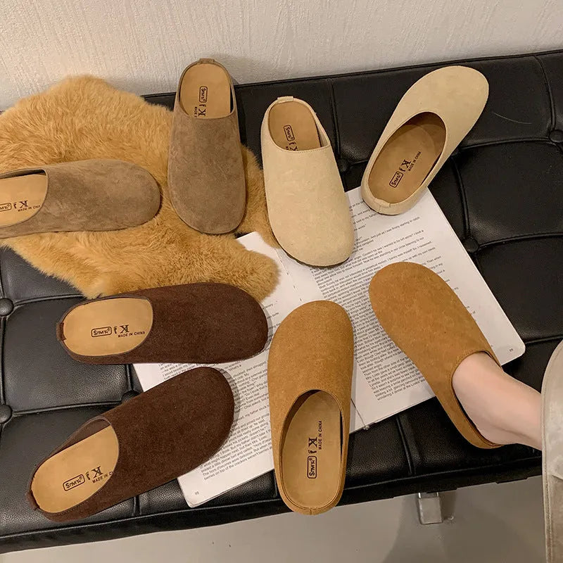 Microfiber outdoor slip-on slippers with square toe design in apricot colour