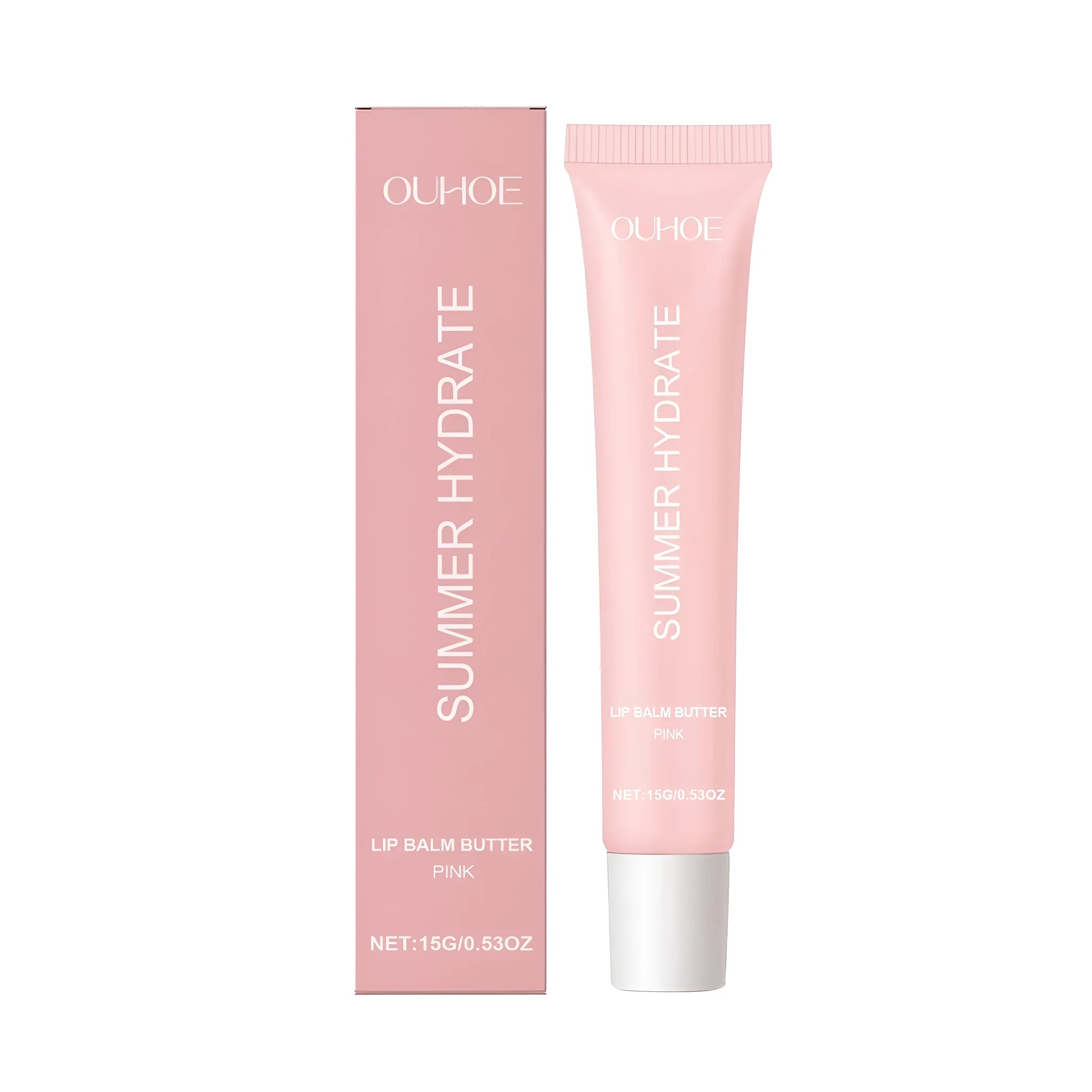 Pink lip balm butter stick with shea butter, olive oil and grape seed oil formulation