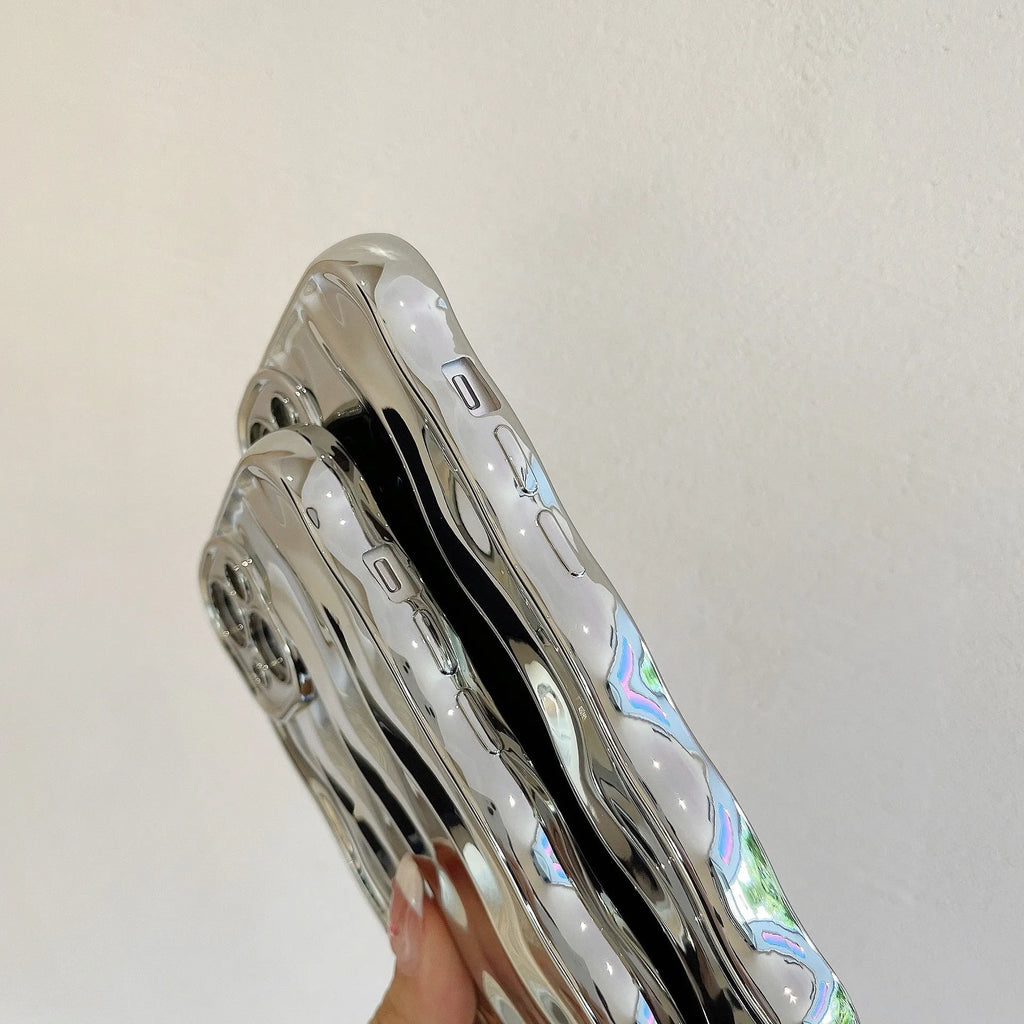 Electroplating three-dimensional wave stripe iPhone 17 protective case in silver plated colour showing back design
