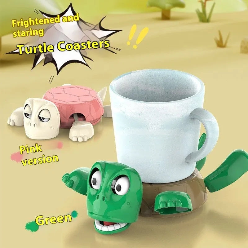 Turtle-shaped ABS plastic coaster for heat insulation in dark green, light green, wheat starch, and yellow colours.