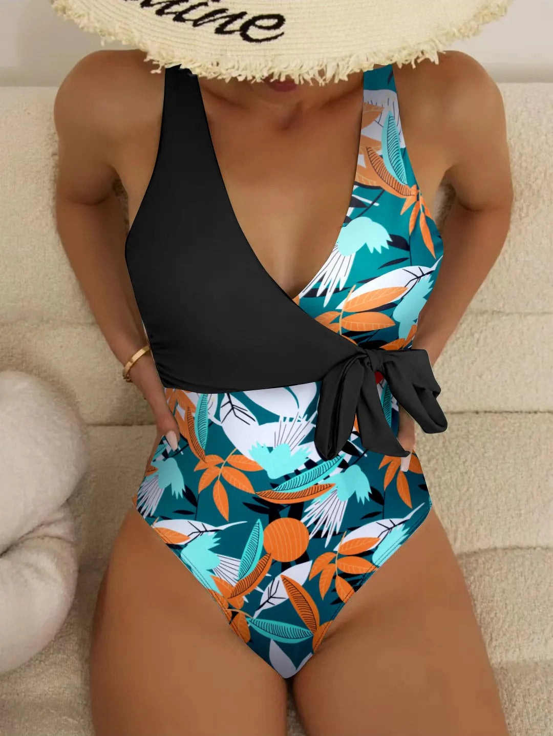 Women's high waist one-piece bikini swimsuit with printed pattern