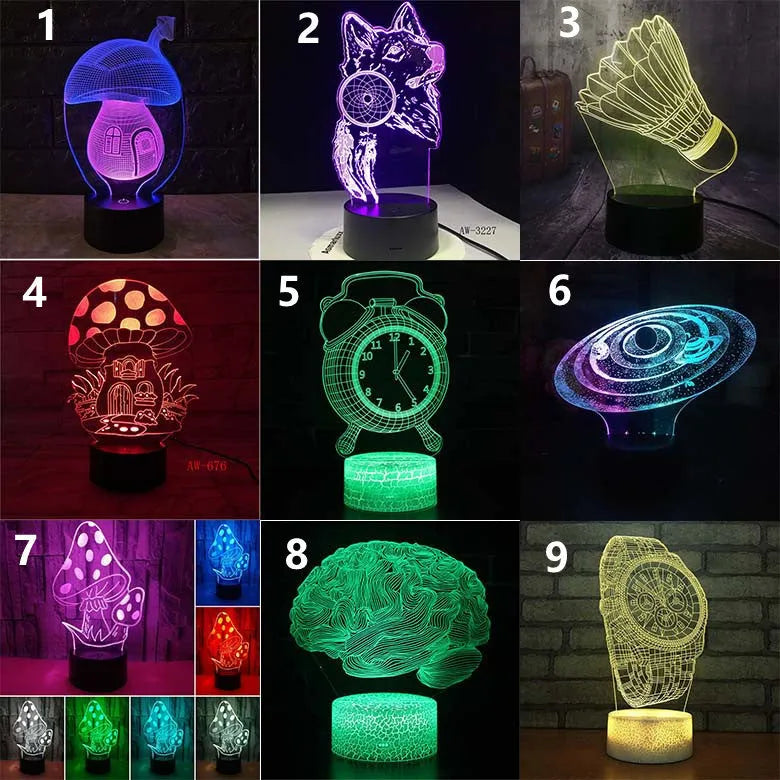 3D LED desk lamp with acrylic board and ABS base showing colorful light effect