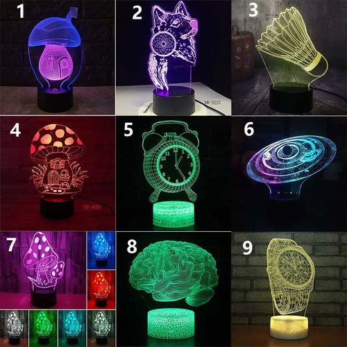 3D LED desk lamp with acrylic board and ABS base showing colorful light effect