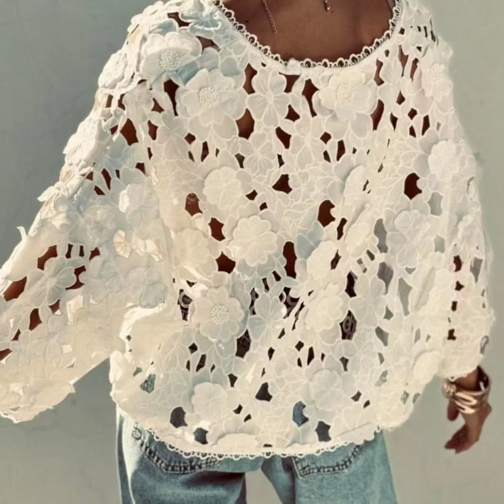 Women's loose polyester lace cardigan with three-dimensional flower decoration at V-neck and hollow long sleeves.