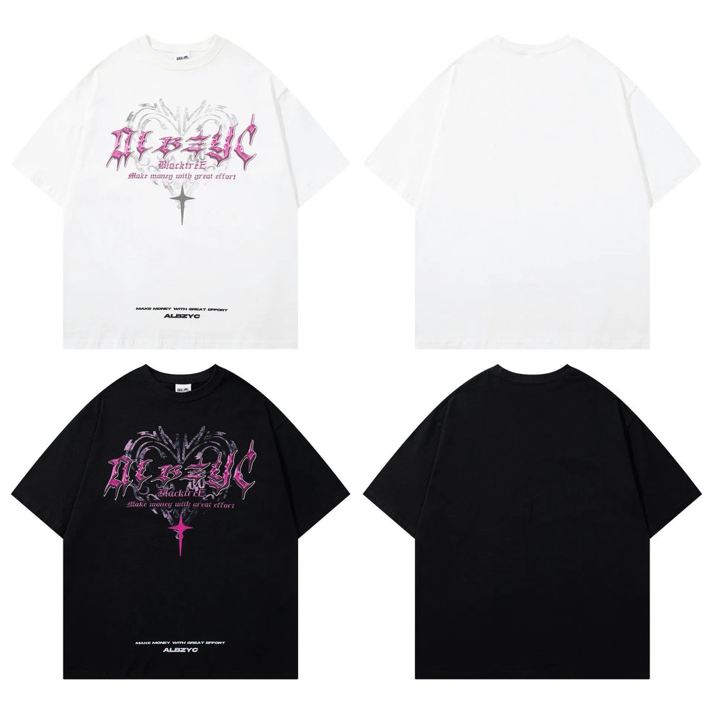 Men's black retro printed cotton t-shirt with loose fit and short sleeves
