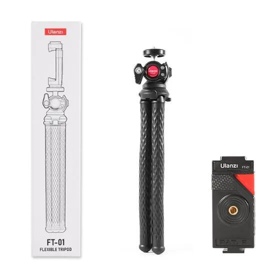 Black octopus mobile phone tripod set with aluminum alloy legs and phone clip, 360mm length