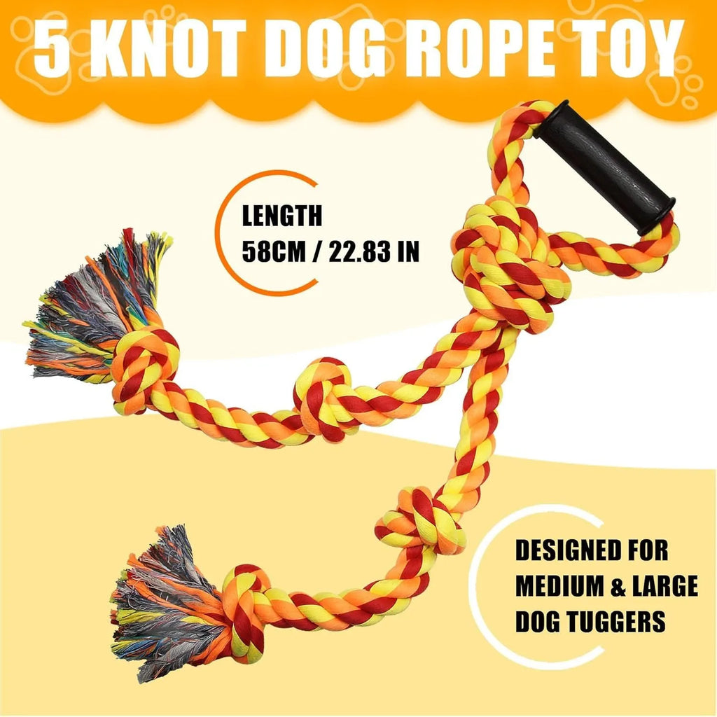 Blue and yellow 62cm long cotton rope dog toy with a handle for tug of war.