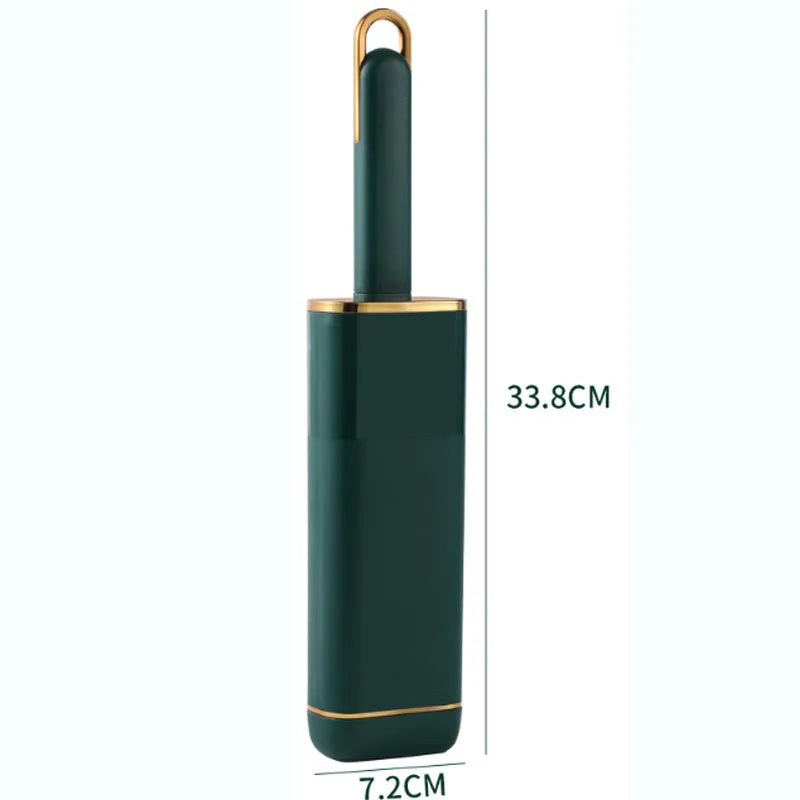 Blue, green, and white pet hair remover brush with double-sided head and storage base.