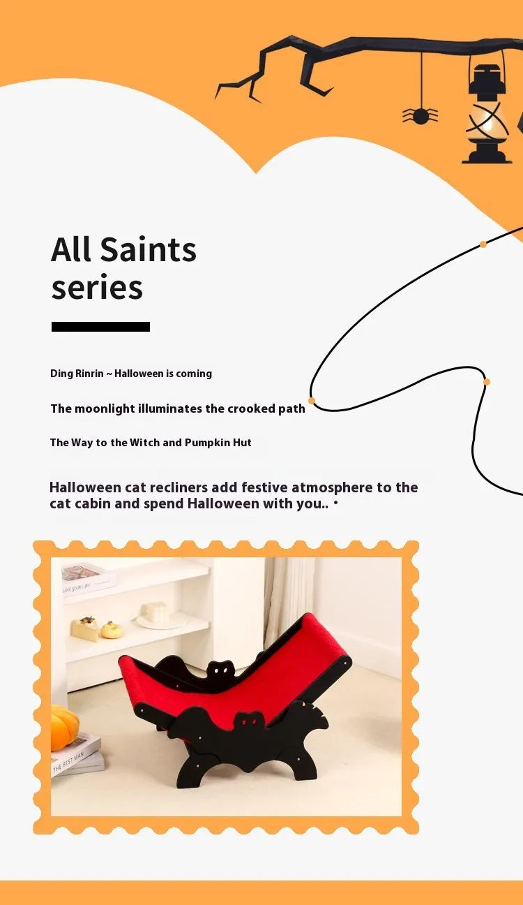 Black and red wooden cat recliner bed with bat design for Halloween theme