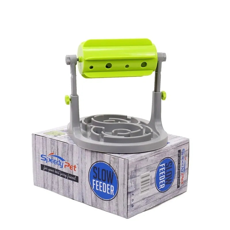 Blue rotatable slow feeder dog toy made of ABS plastic, top view showing leakage holes
