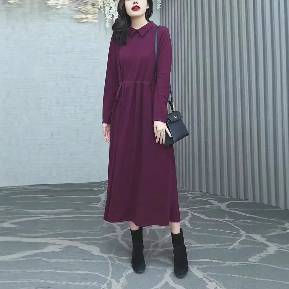 Purplish red plus size long sleeve midi dress for women's autumn winter commuting