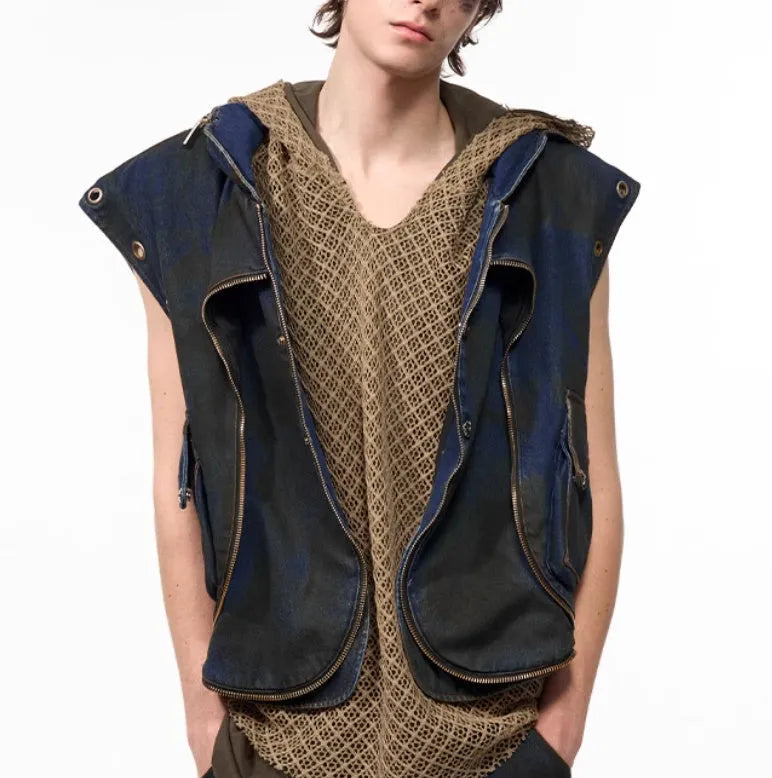 Men's blue hooded denim vest coat with matching trousers, Korean style two-piece set