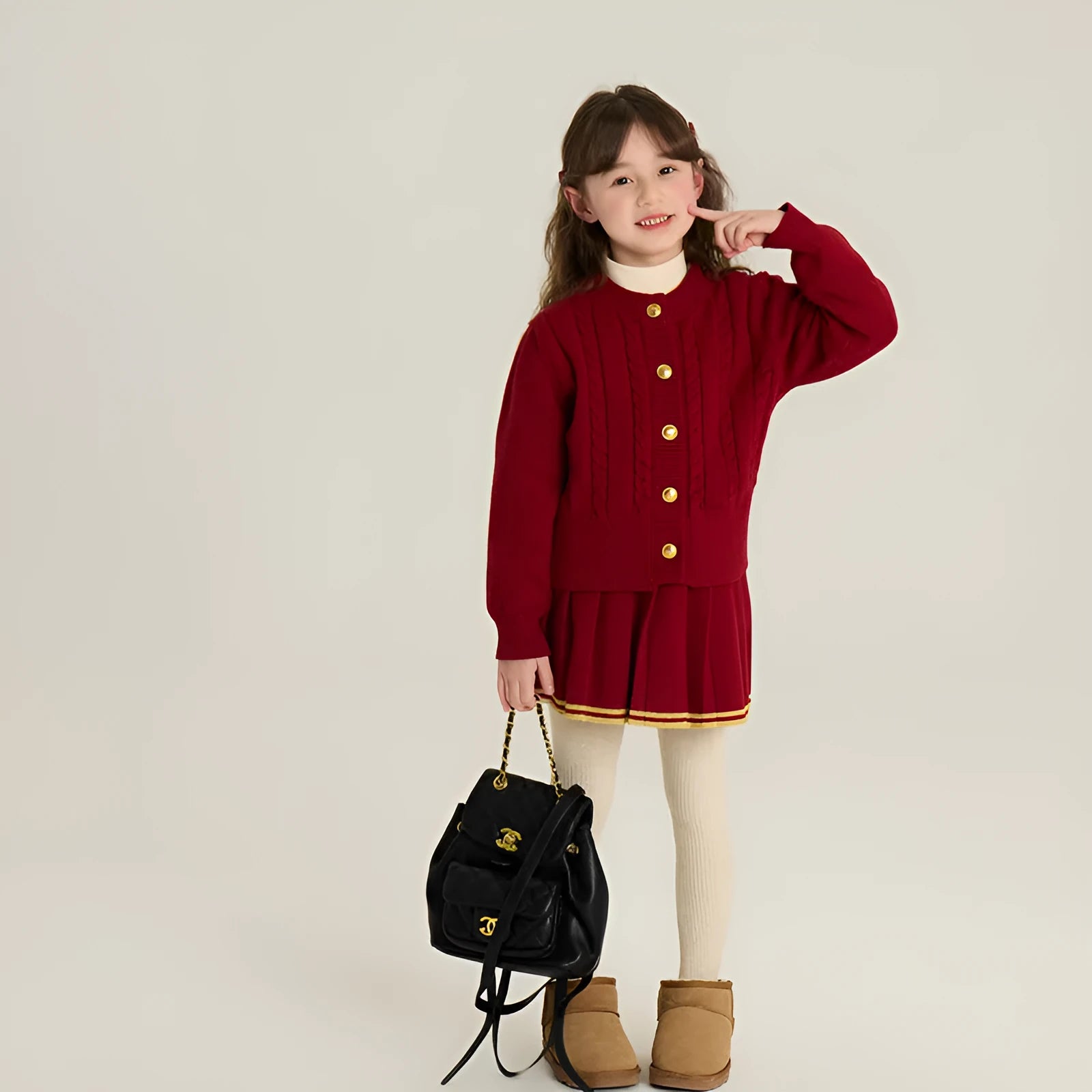 Red velvet yarn knit cardigan and pleated skirt two-piece set for girls 90-160cm
