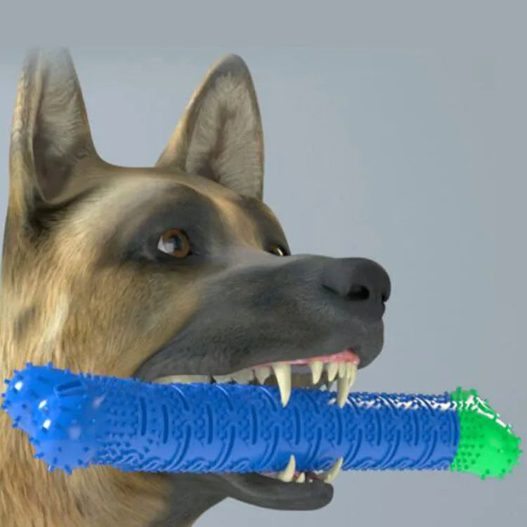 Blue silicone dog dental chew toy with serrated brush head and crevice for toothpaste insertion