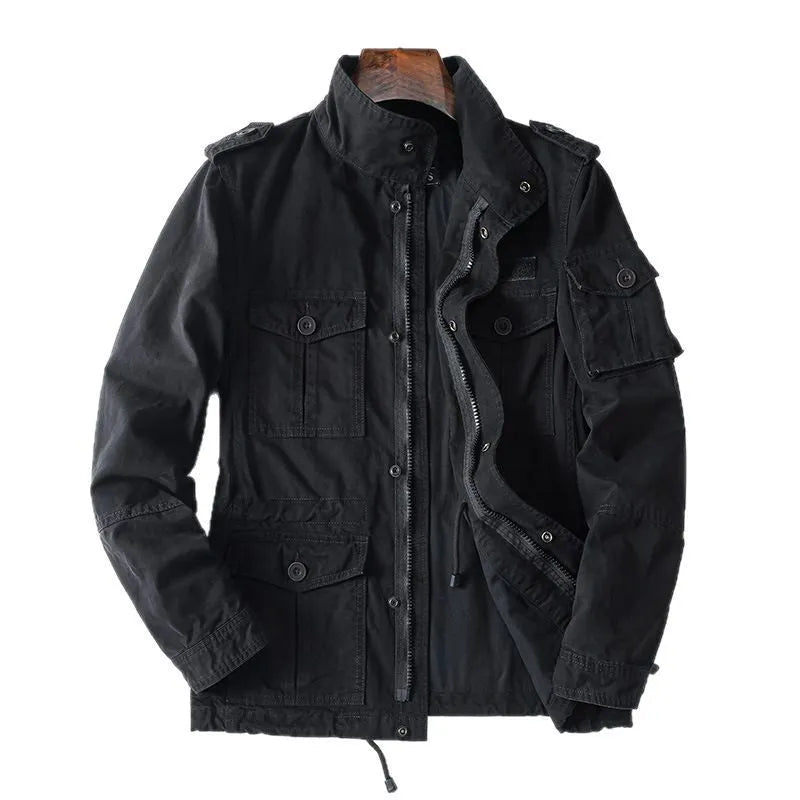 Men's loose-fit cotton twill jacket in retro style with zip front in light brown colour