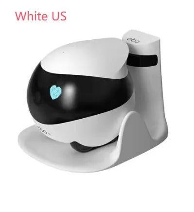 White smart home mobile surveillance robot camera with compact design and automatic docking station