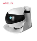 White smart home mobile surveillance robot camera with compact design and automatic docking station