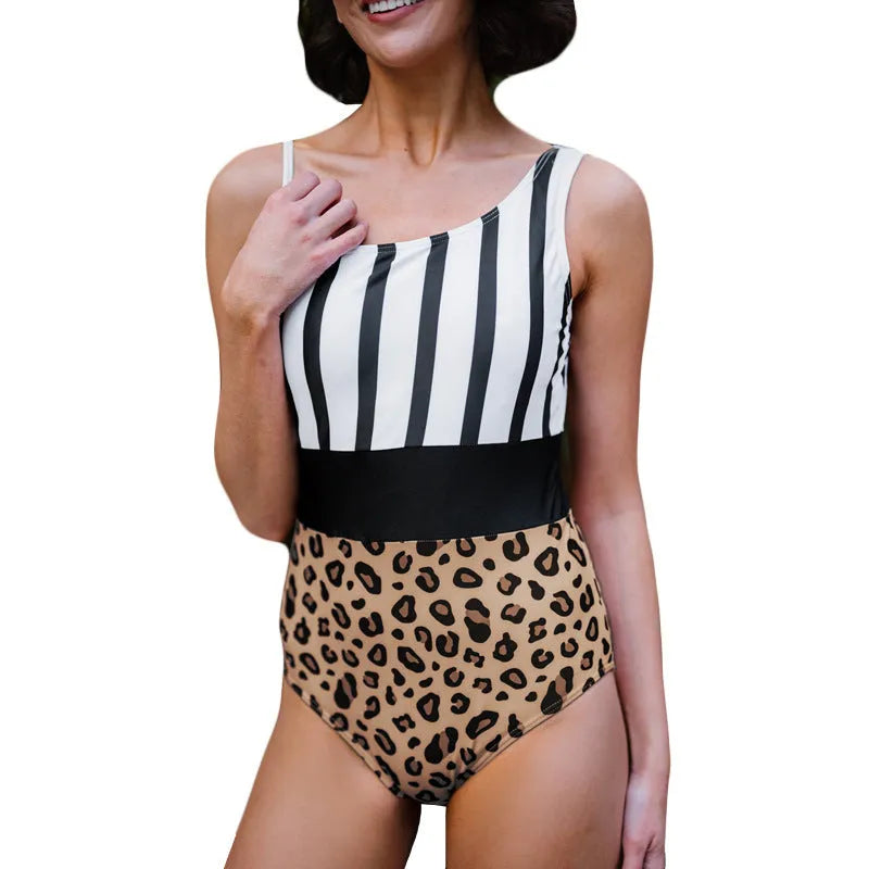 Women's leopard print one-piece swimsuit with asymmetric collar and high-waist briefs style.