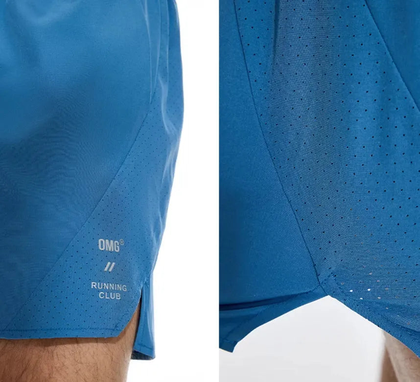 Men's black running shorts with laser-punched detail and four-point stitching on stretch spandex fabric.