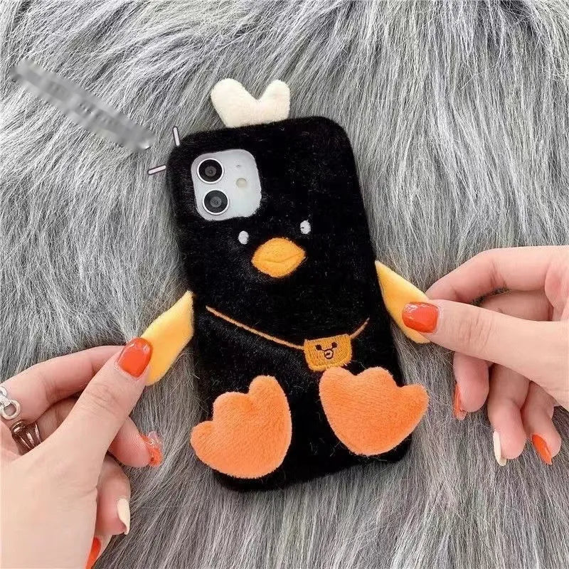 Plush TPU phone case for iPhone 15 Pro with cute duck design in plush vertical duck colour
