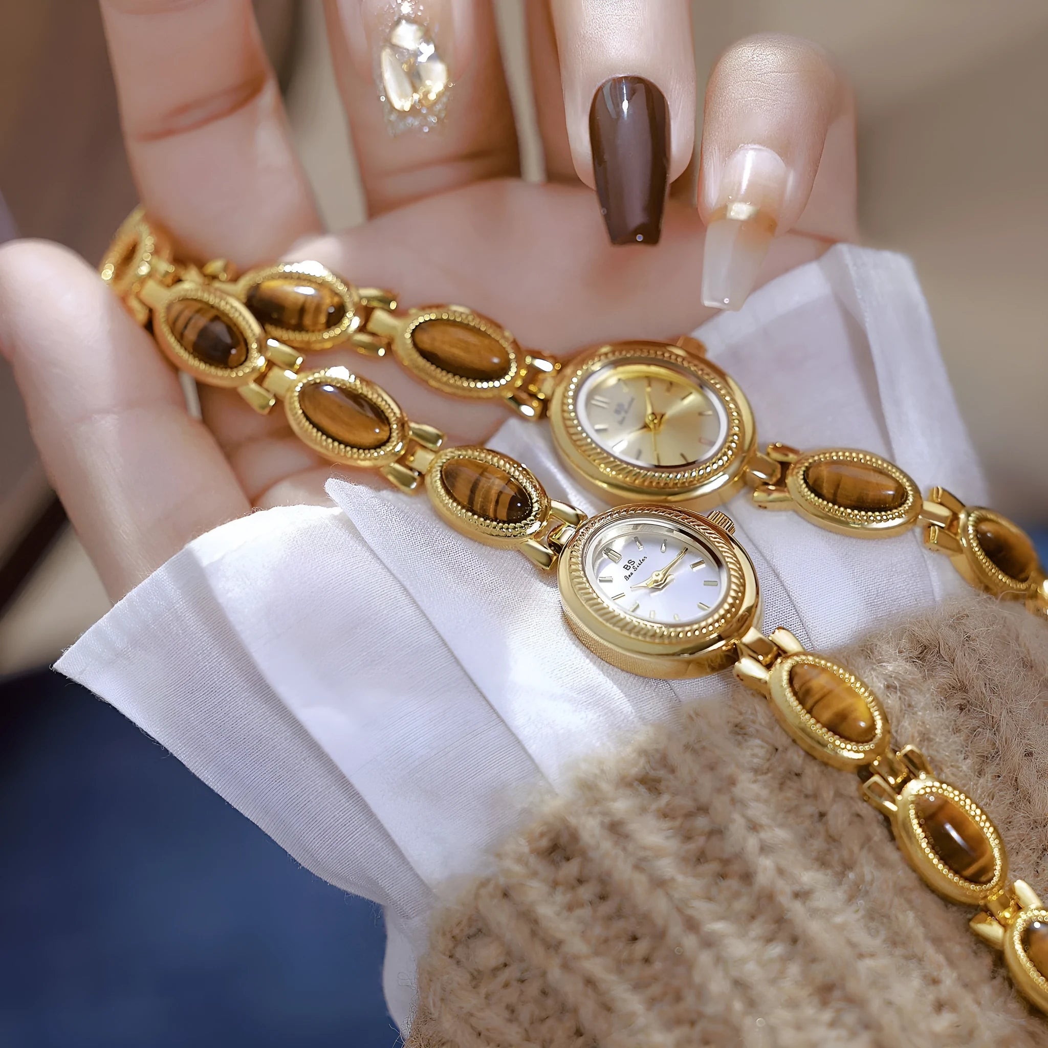 BS Gold Retro Rich Tigereye Chain Watch with 20x24mm dial and 7mm thickness in champagne gold finish