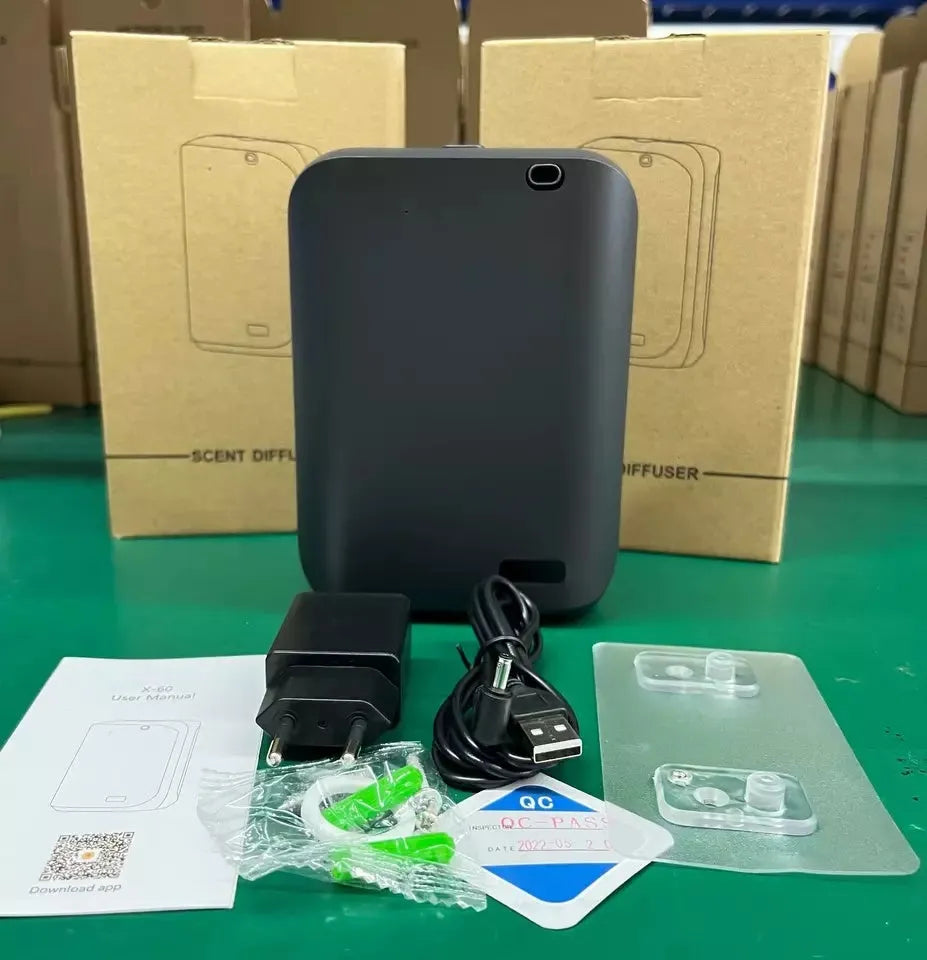 White HVAC wall mount essential oil diffuser with 150ml tank and smart app control mounted on wall
