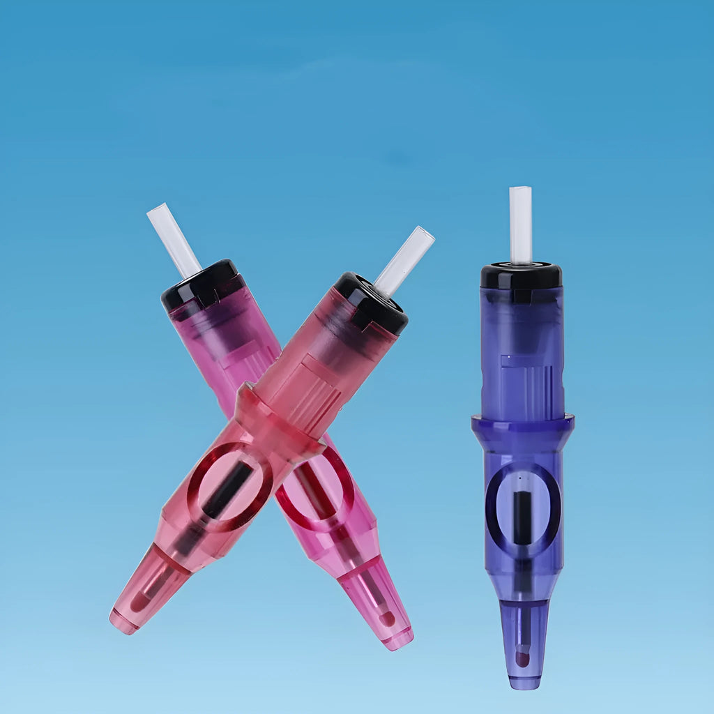 Tattoo ballpoint pen tool with integrated needle in assorted colours on a white background.