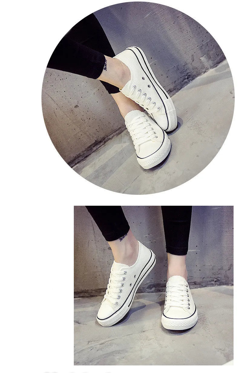 Women's solid colour canvas casual flat shoes showing available colour options and size range