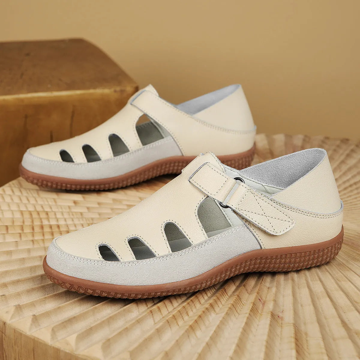 Plus size women's flat heel sandals with toe cap and hollow breathable design in blue colour