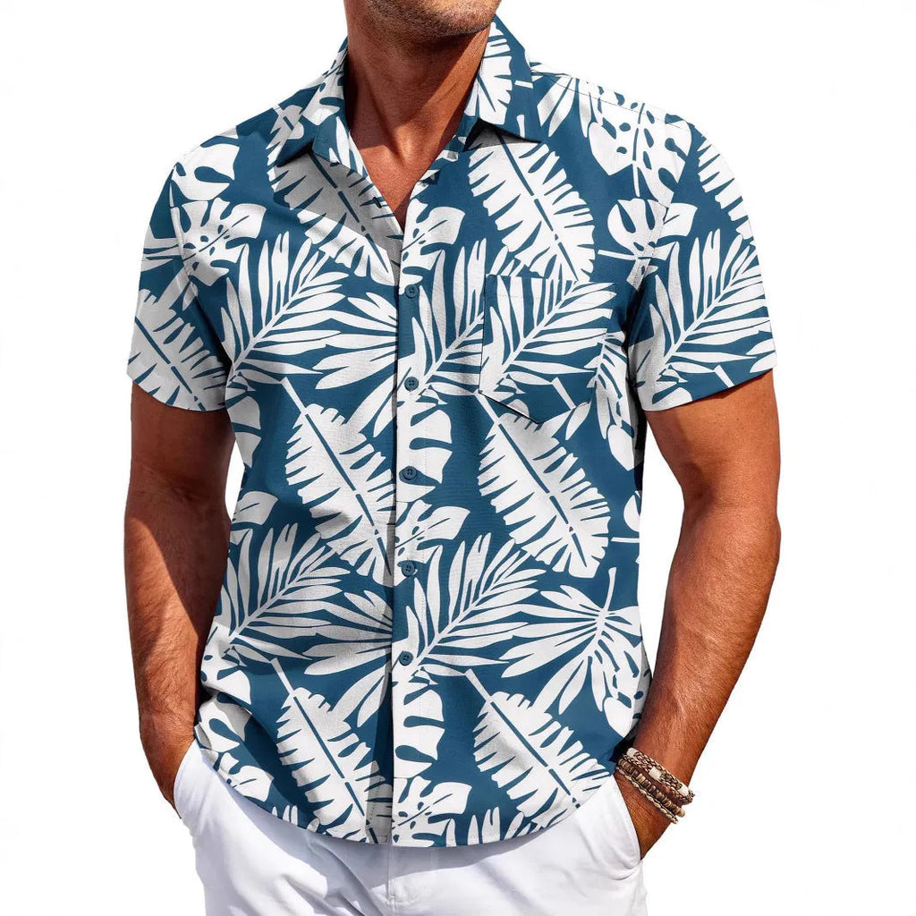 Man wearing a slim fit, short sleeve cardigan-style shirt in a solid colour.