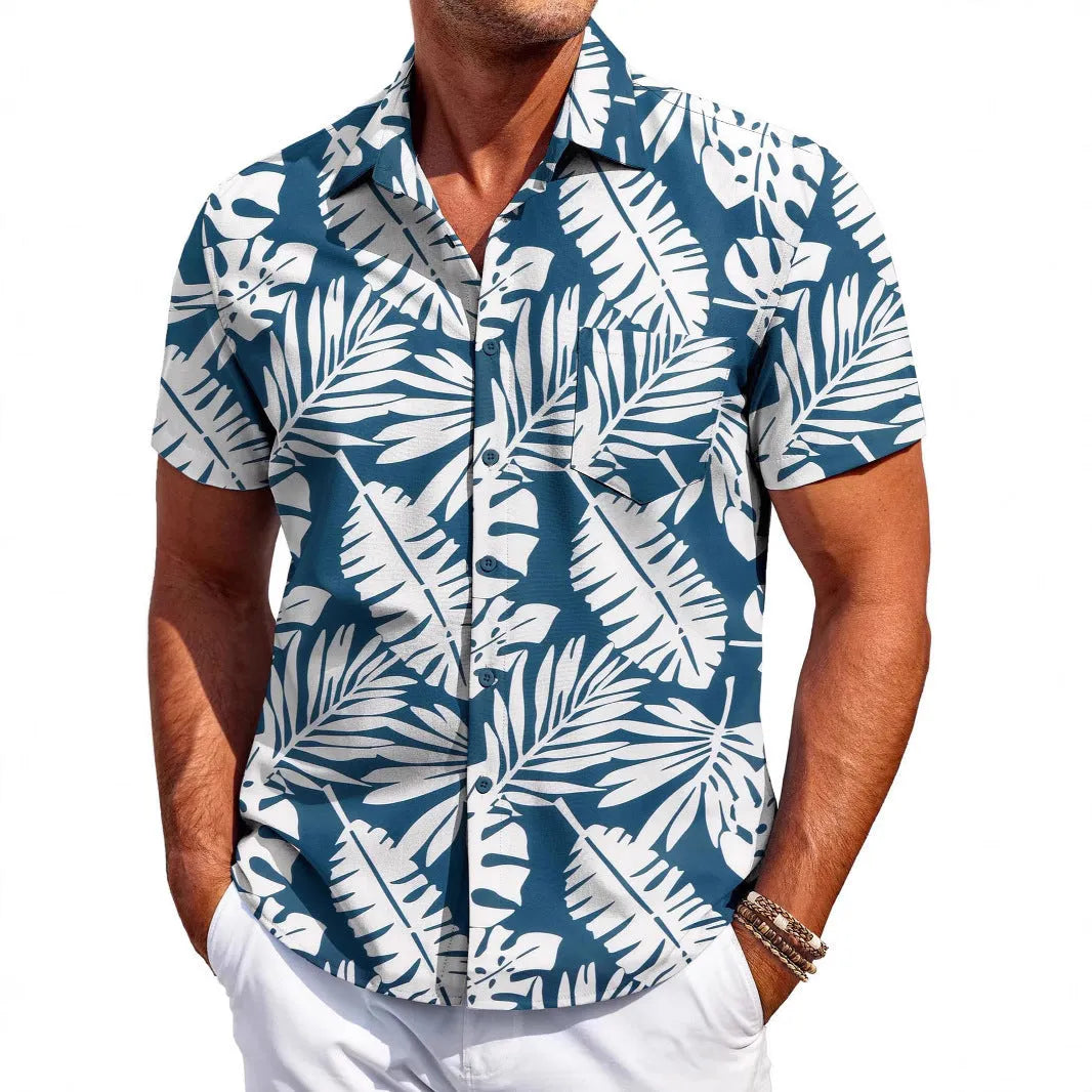 Man wearing a slim fit, short sleeve cardigan-style shirt in a solid colour.