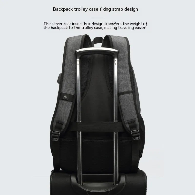 Grey lightweight nylon backpack with a USB charging port and travel straps.
