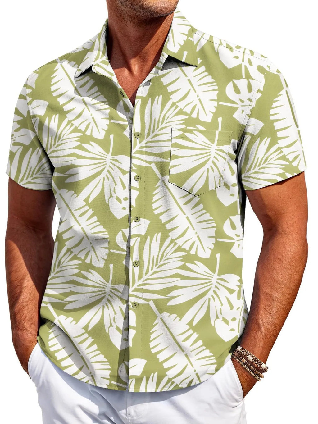 Man wearing a slim fit, short sleeve cardigan-style shirt in a solid colour.