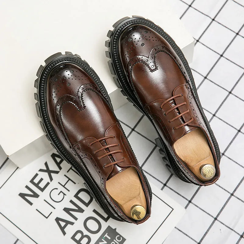 Men's black artificial PU brogue shoes with round toe on a white background.