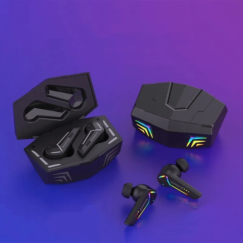 Small black wireless TWS sports earbuds with low latency for gaming.