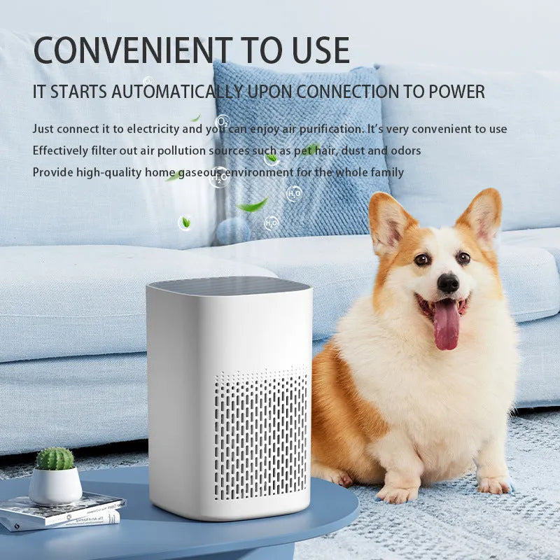 Simple style desktop air purifier with USB cable connection for office or home use.