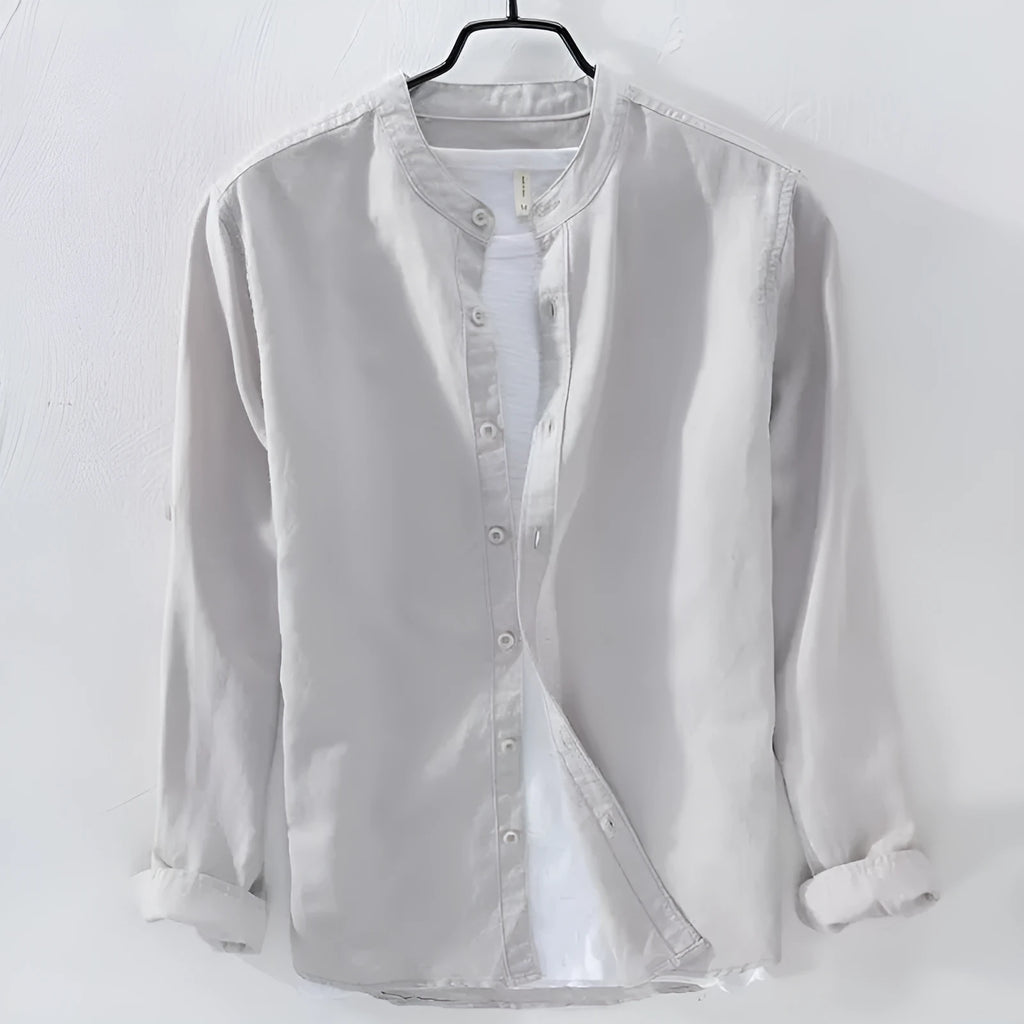 Men's loose fit long sleeve linen cotton shirt in solid colours on a hanger