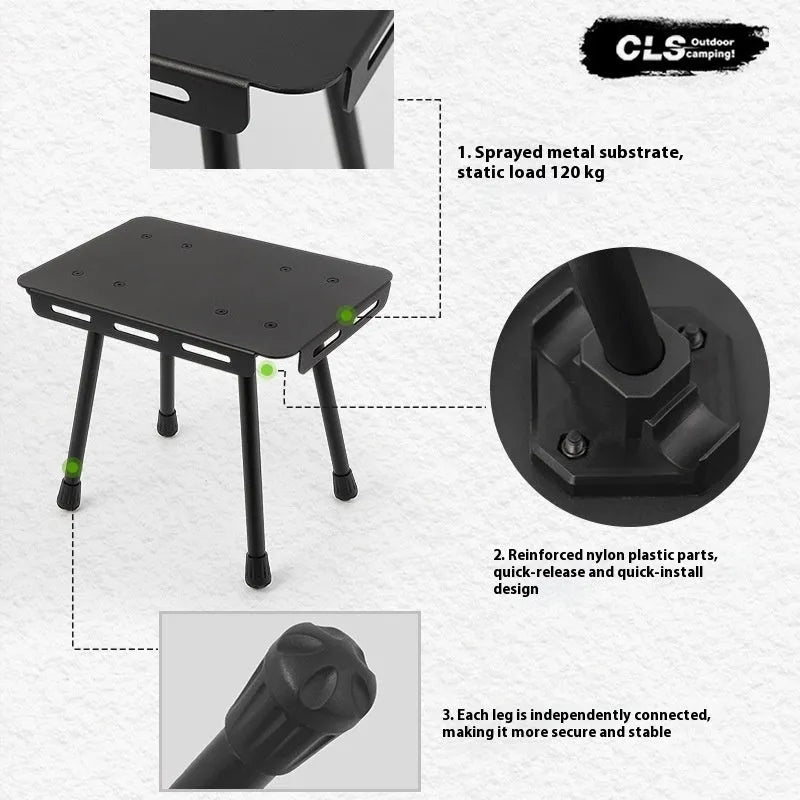 CLS aluminium dual-use folding camping stool shown converted into a small side table, with storage bag and beige PU mat.