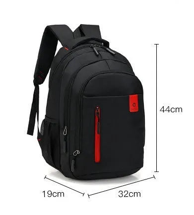 Oxford fabric school backpack with reinforced straps and side pockets available in blue green red grey and orange for teenagers