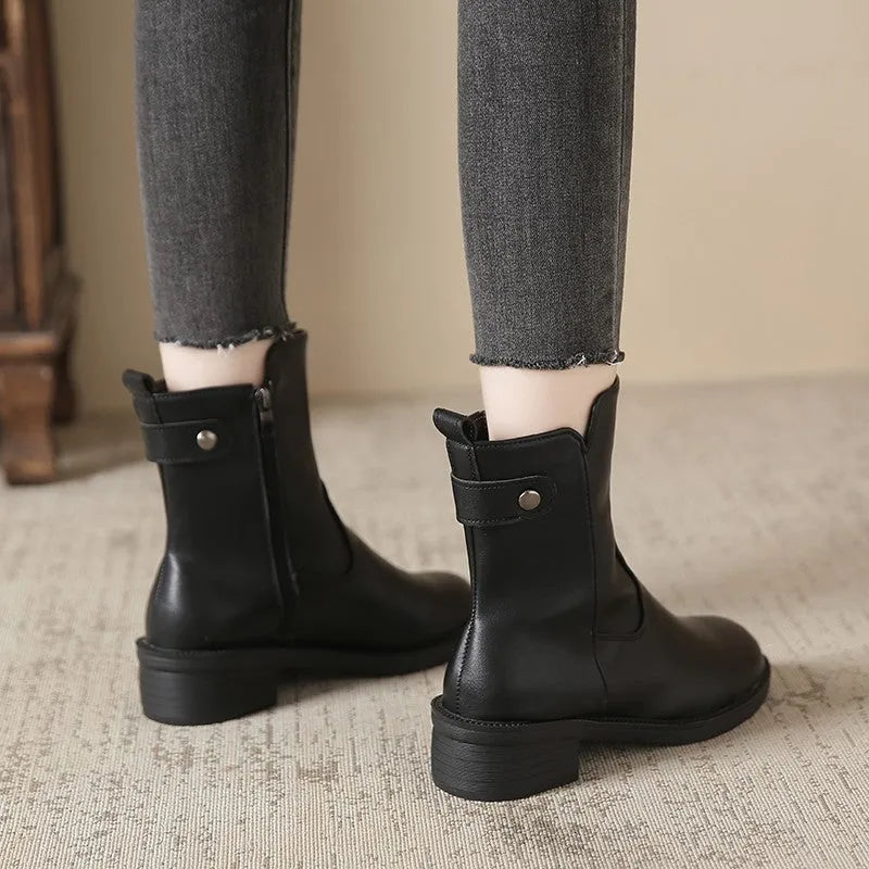 Women's black low heel ankle boots with side zip and round toe