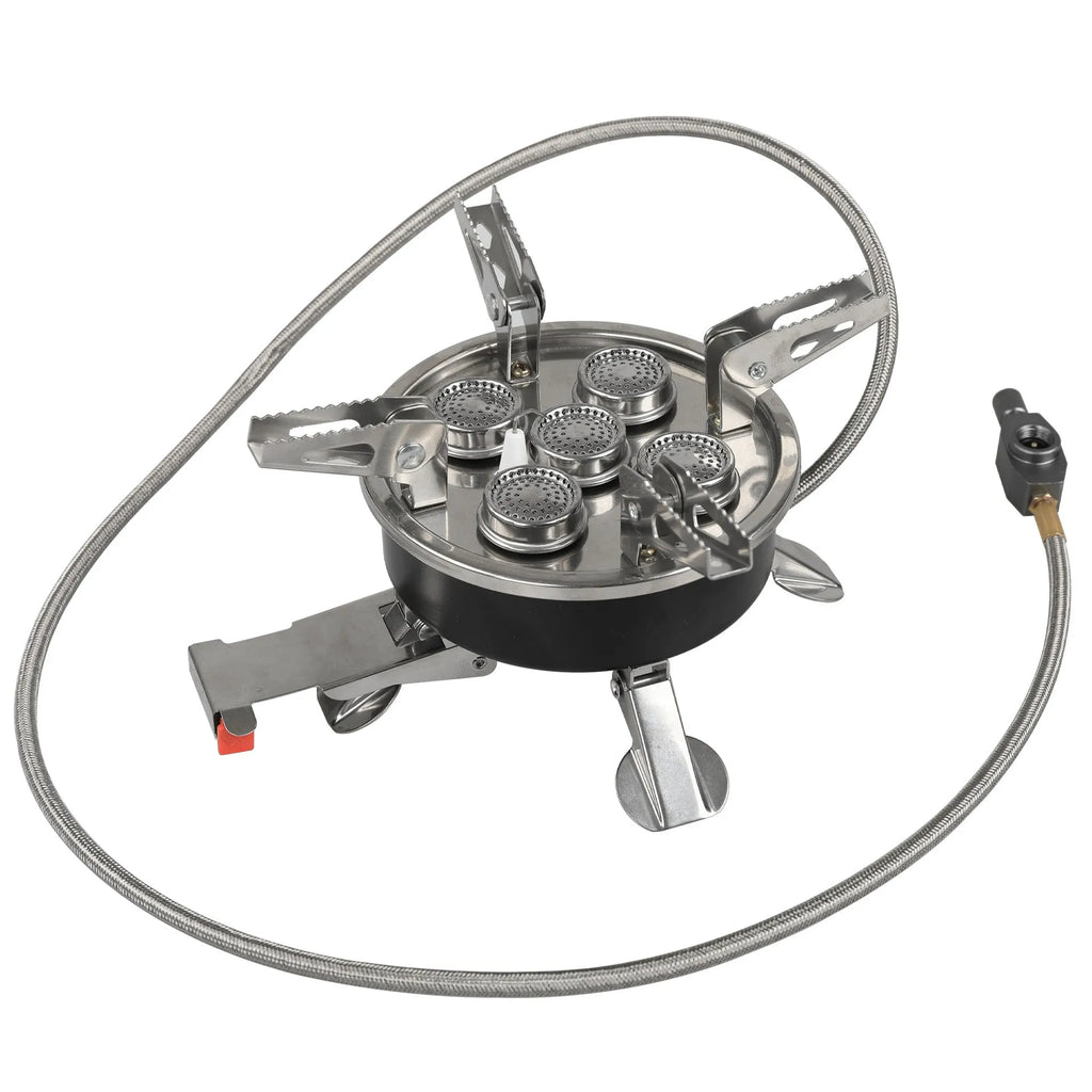 Silver stainless steel foldable split camping stove with copper fittings and extended hose