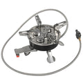 Silver stainless steel foldable split camping stove with copper fittings and extended hose