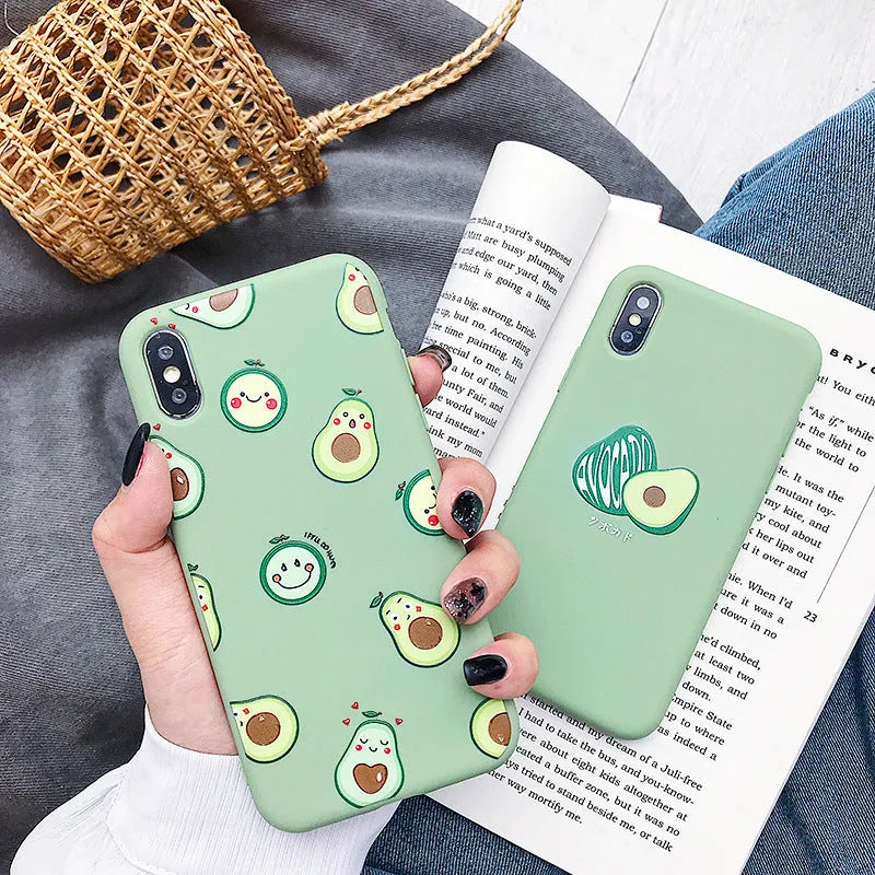 Avocado cartoon design TPU phone case for Apple iPhone models showing colourful artwork